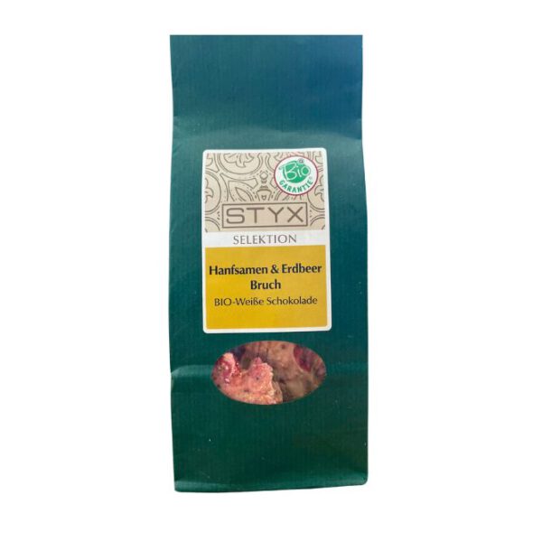 Verpackung Hanfsamen & Erdbeer Bruch, Bio-Weiße Schokolade, STYX Selektion, Hanf aus Österreich.