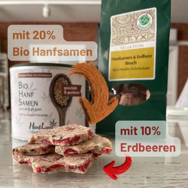 Bio Hanfschokolade mit 20 % Hanfsamen und 10 % Erdbeeren, weiße Schokolade, Hanfland Österreich, Packung im Hintergrund.