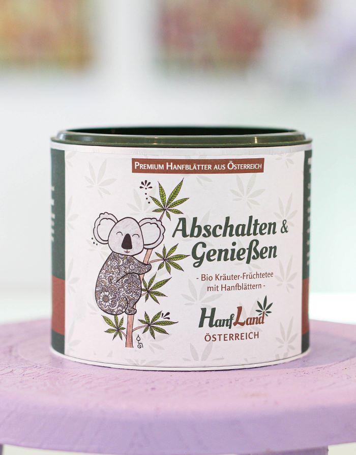 Illustrierte Teedose Bio Hanftee Abschalten & Genießen von Hanfland, gezeichnet von Tina Hötzendorfer
