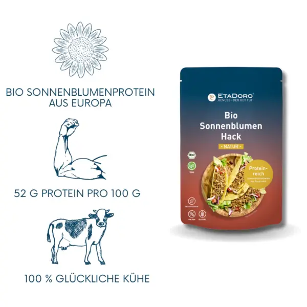 Bio Sonnenblumenhack natur proteinreich vegane alternative von etadoro proteine vorteile im vergleicht zu anderen produkten