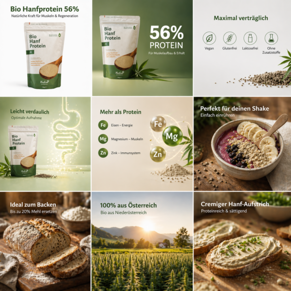 Bio Hanfprotein 56% von Hanfland – Anwendungen: Shake, Backen, Aufstrich, mit Eisen, Magnesium & Zink