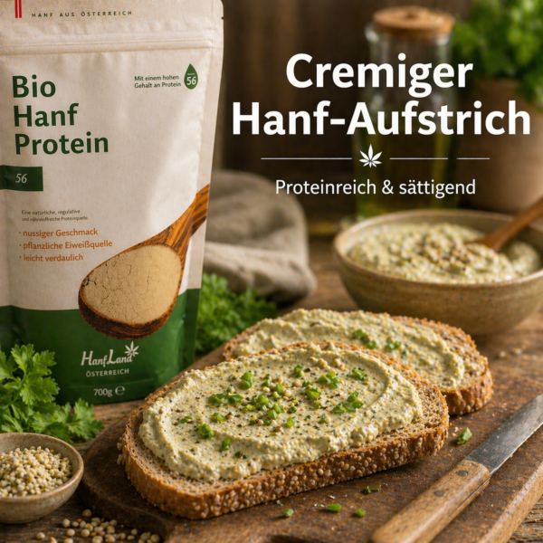 Cremiger Hanf-Aufstrich aus Bio Hanfprotein von Hanfland Österreich auf Vollkornbrot – proteinreich & sättigend