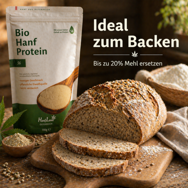 Bio Hanfprotein 56 von Hanfland beim Backen – bis zu 20% Mehl ersetzen, frisch aufgeschnittenes Hanfbrot