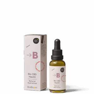 Bio CBD Hautöl in Glasflasche mit Pipette neben Verpackung, Hanf Pflegeöl aus Österreich, Produkt „Bio CBD Hautöl Natural Hydration“