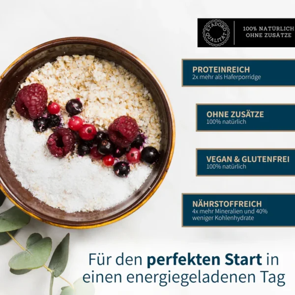 Schüssel mit Mandel Porridge Kokos, Beeren-Topping und kurzen Produkteigenschaften