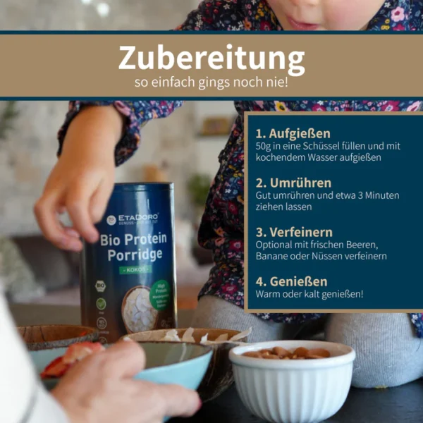 Hände bereiten Mandel Porridge Kokos zu und gießen heißes Wasser in eine Schüssel