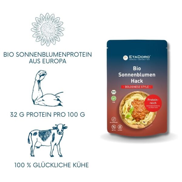 Bio sonnenblumenhack bolognese vegan, aus europa, 32g protein auf 100g und glueckliche kühe