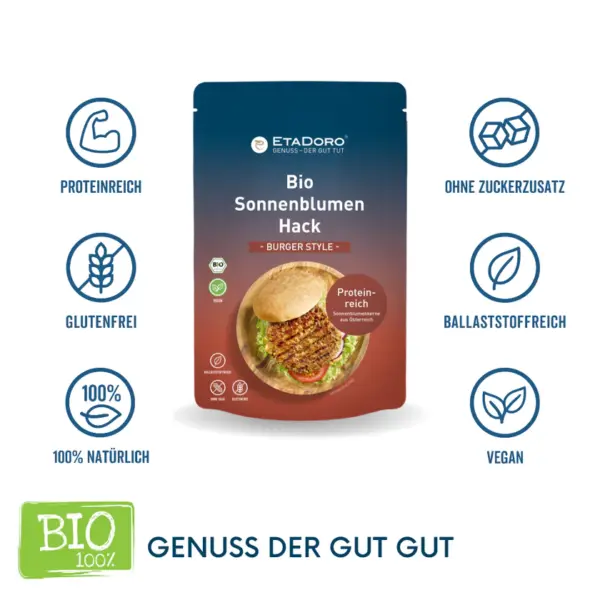Bio Sonnenblumenhack burger proteinreich vegane alternative von etadoro proteinmenge im vergleicht zu Eier und steak