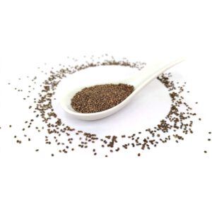 Bio Chiasamen aus Österreich auf einem weißen Löffel, umgeben von losen Chiasamen