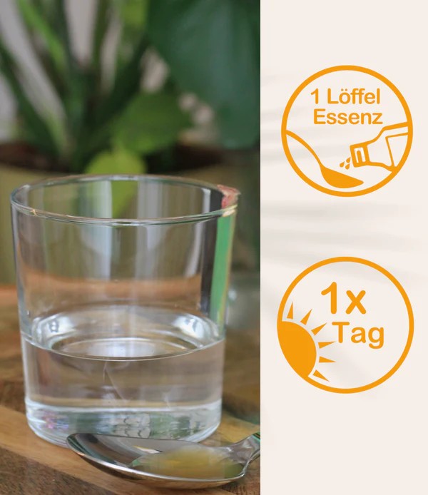 Glas Wasser und Teelöffel auf einem Holztisch, rechts Icons mit Text „1 Löffel Essenz“ und „1x Tag“.