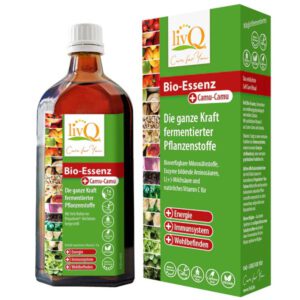Flasche und Faltschachtel „livQ Bio-Essenz + Camu-Camu“ auf weißem Hintergrund, mit Bildstreifen aus Obst und Gemüse und Symbolen am Rand.