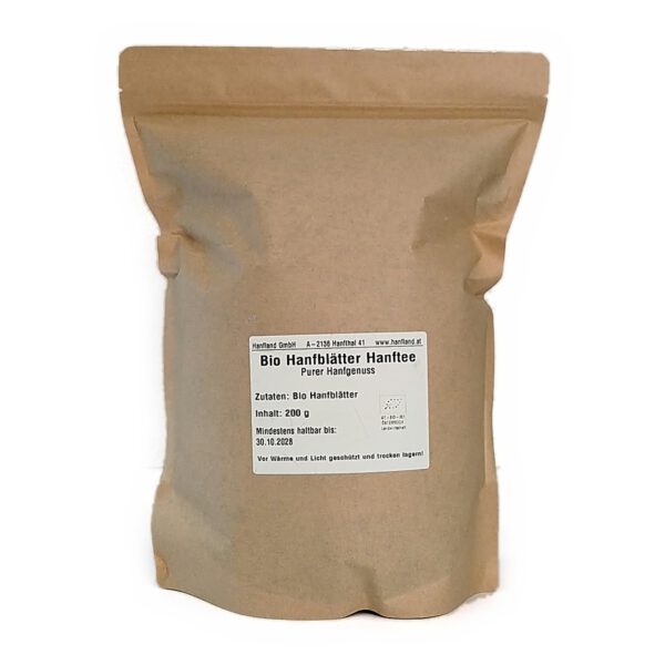 Vorratspack Bio Hanfblätter Hanftee Purer Hanfgenuss, 200 g im Kraftpapierbeutel mit Etikett