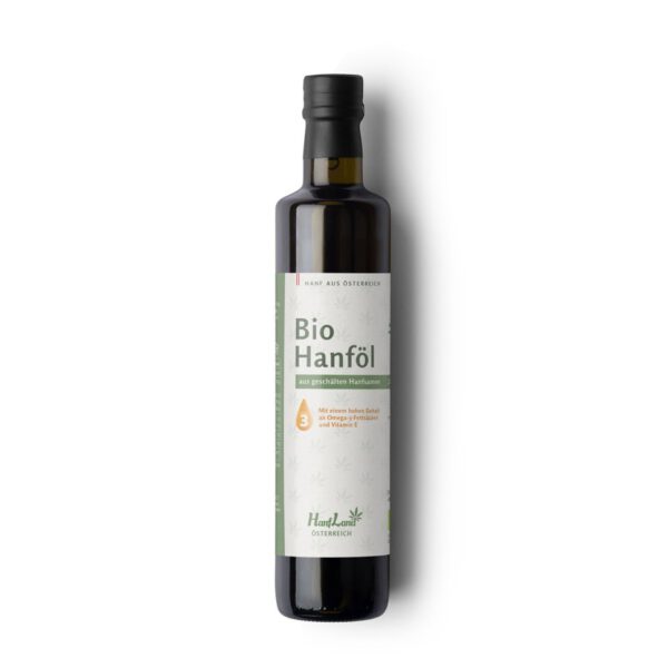 bio hanföl aus geschälten hanfsamen aus österreich von hanfland mit omega3 und omega6 fettsäuren