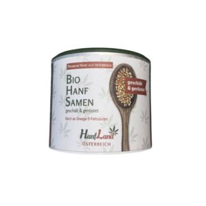Dose Hanfland Bio Hanfsamen, geschält und geröstet, aus Österreich, mit Etikett und Löffelmotiv.