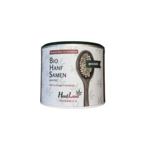 Dose Bio Hanfsamen geschält von Hanfland, Hanf aus Österreich, Etikett mit Löffelmotiv