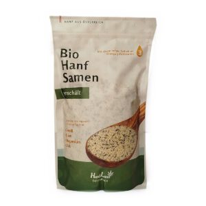 Bio Hanfsamen geschält von Hanfland aus Österreich, 700 g Standbeutel mit Holzlöffel-Motiv, Quelle für Eiweiß, Eisen, Magnesium und Zink