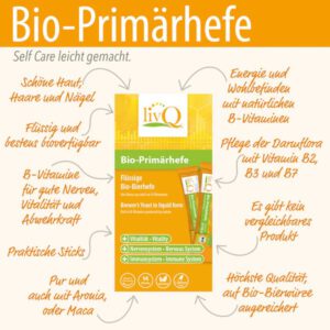Infografik „Bio-Primärhefe“ mit livQ Packung in der Mitte, Pfeilen und handschriftlichen Texten zu Vorteilen wie B-Vitaminen, Sticks und Daru(t)flora.