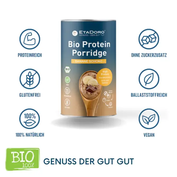 bio protein porridge schoko banane vegan mit dem Protein aus Mandeln eckpunkte