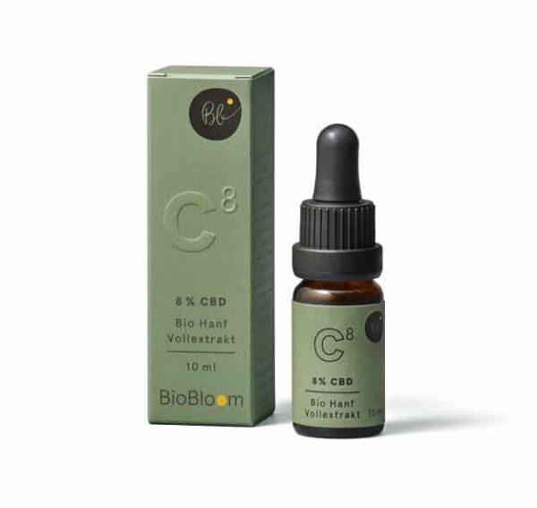 BioBloom CBD Öl 8% mit Verpackung, Bio Hanf Vollextrakt 10ml