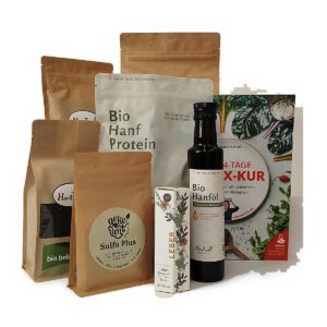 Hanfland Detoxpaket mit Buch Die 14-Tage-Detox-Kur, Bio Hanfprotein, Bio Hanföl, Bio Flohsamen, Bio Belugalinsen und Leber Kräuter Essenz