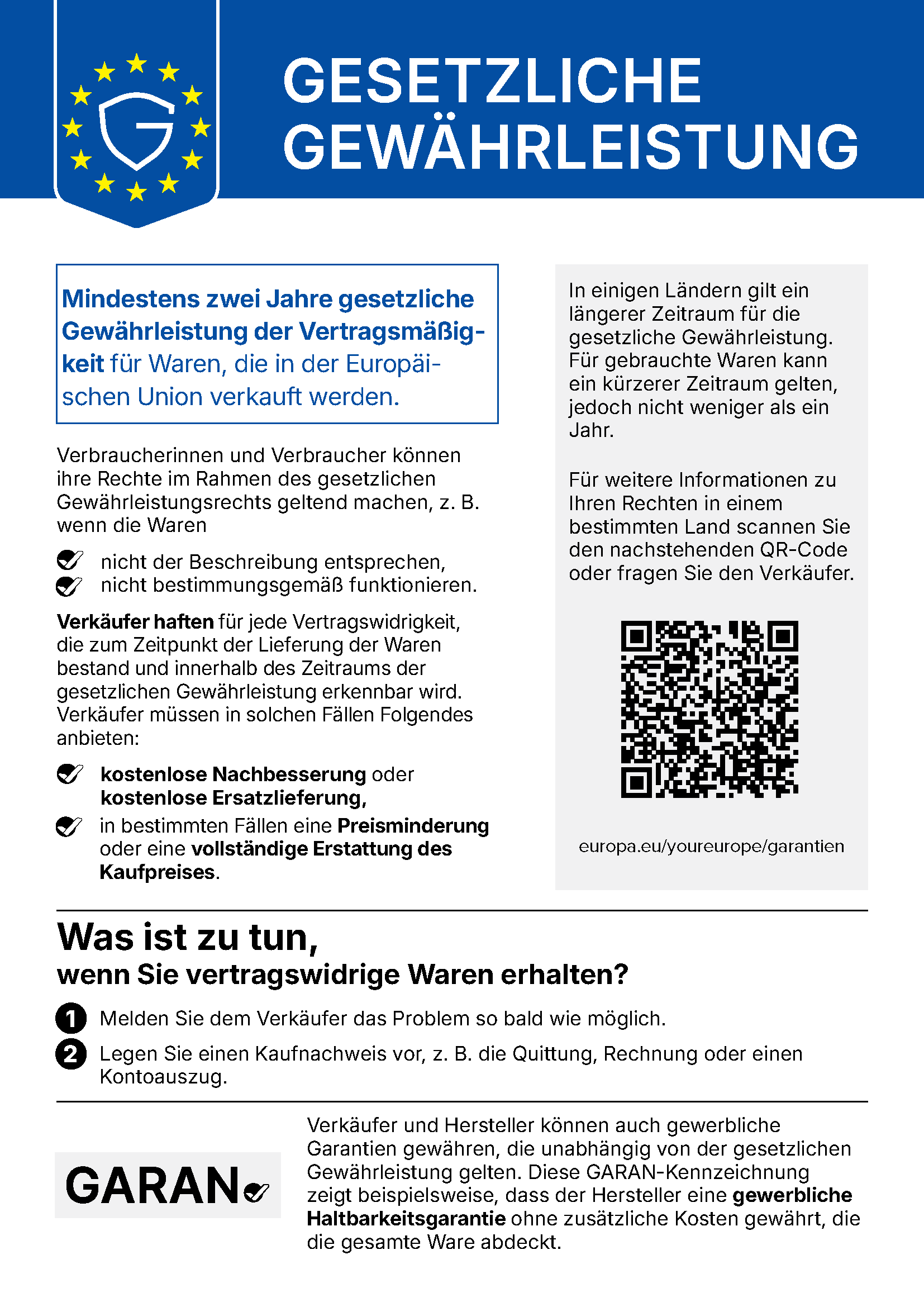 Harmonisierter EU-Hinweis: Bei Waren haben Verbraucherinnen und Verbraucher mindestens zwei Jahre gesetzliche Gewährleistung.