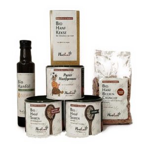 Hanfland Genießerpaket mit Bio Hanföl, Bio Hanfsamen geschält und geröstet, Hanftee Purer Hanfgenuss, Hanfkeksen und Beeren Crunchy