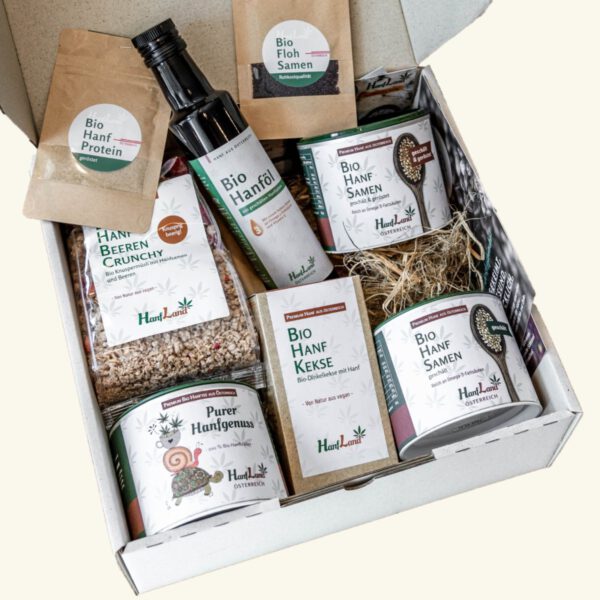 Hanfland Genießerpaket – Geschenkbox mit Bio Hanföl, Bio Hanfsamen, Hanfprotein, Hanftee, Hanfkeksen und Beeren Crunchy aus Österreich
