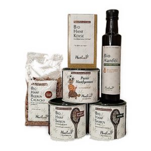Genießerpaket: Bio Hanfkekse, Bio Hanf Beeren Crunchy, Hanftee Purer Hanfgenuss, Hanföl und zwei Dosen Hanfsamen