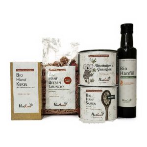 Hanfland Genusspaket mit Bio Hanfkeksen, Beeren Crunchy, Hanftee Abschalten & Genießen, Hanfsamen geschält und Hanföl