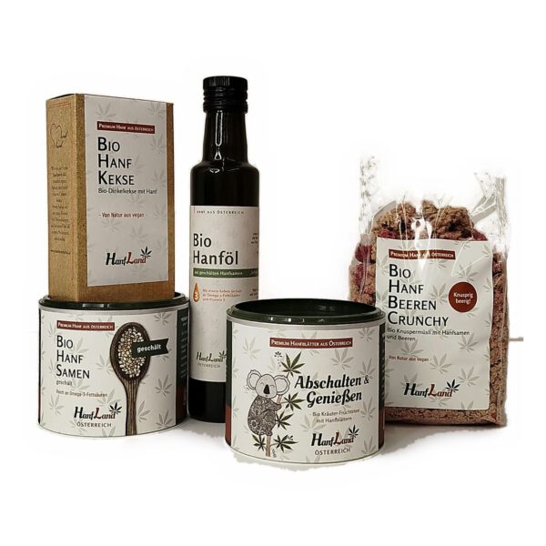 Genusspaket: Bio Hanfkekse, Hanföl, Hanfsamen, Hanftee Abschalten & Genießen und Beeren Crunchy