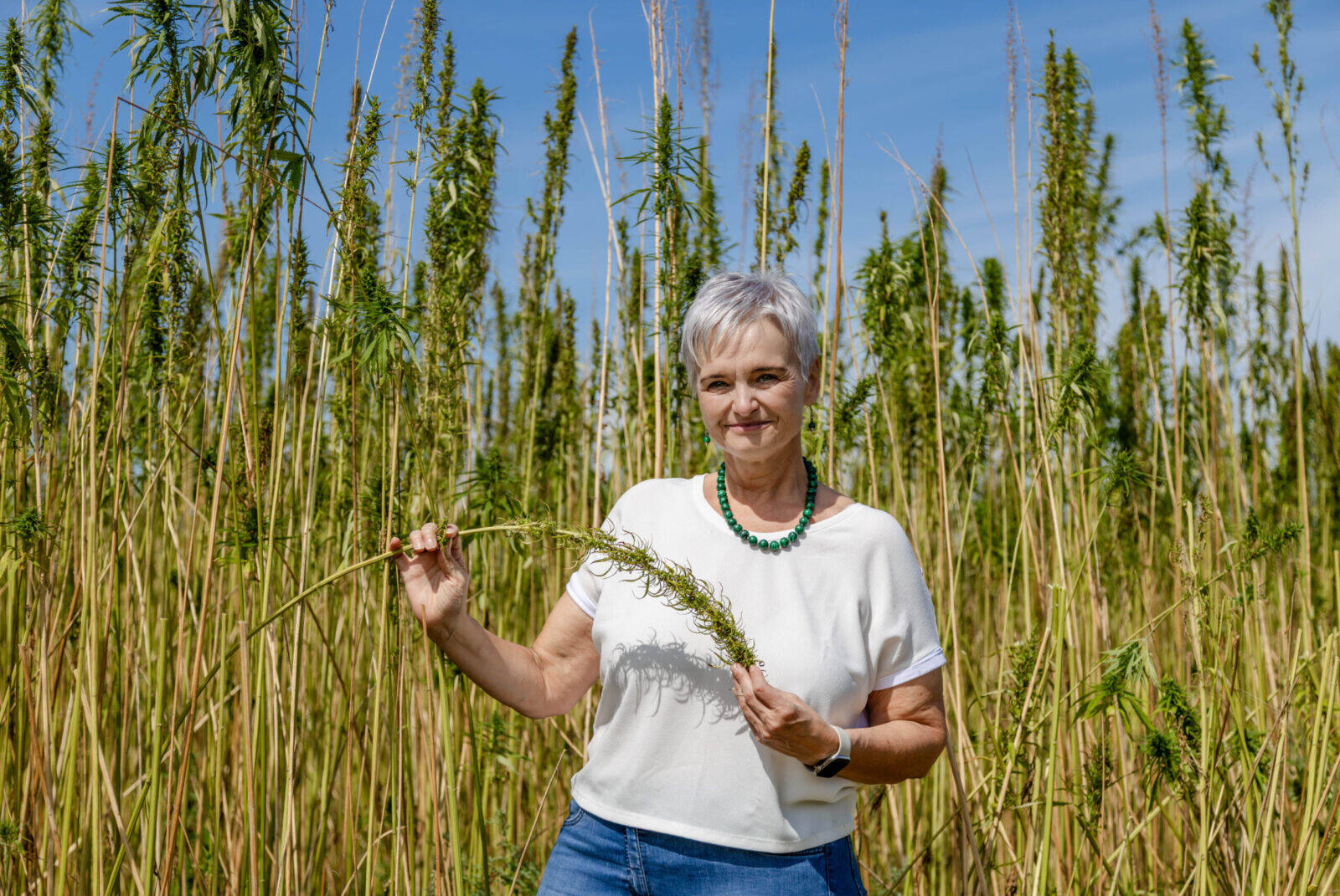 Gerda Steinfellner steht in einem Bio-Hanffeld in Hanfthal im Weinviertel