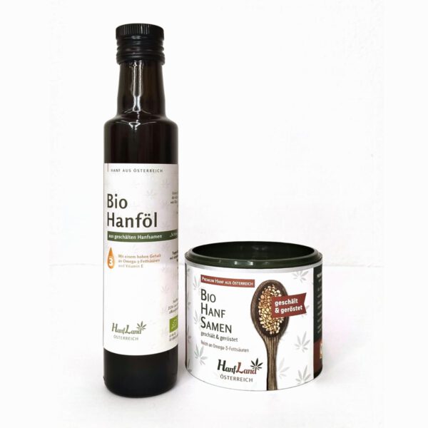 Hanf Aufstrichpaket mit Bio Hanföl aus geschälten Hanfsamen und einer Dose Bio Hanfsamen geschält und geröstet