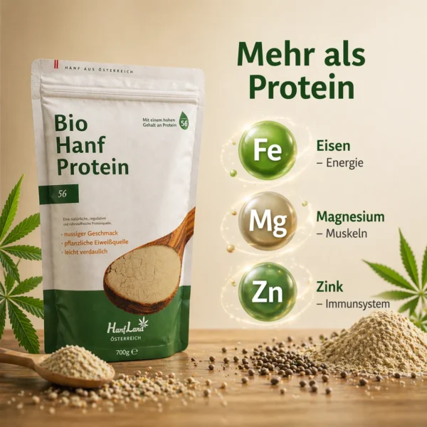 Bio Hanfprotein 56 % von Hanfland mit Angaben zu Eisen, Magnesium und Zink