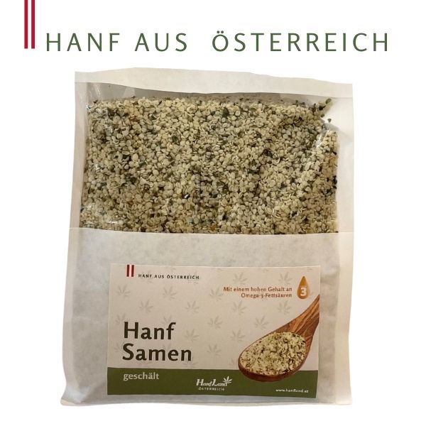 Hanfsamen geschält aus Hanfthal, reich an Omega-3-Fettsäuren, transparente Verpackung