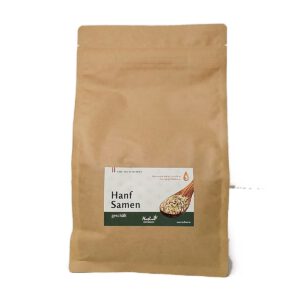Hanfsamen geschält aus Österreich von Hanfland, 1 kg Vorratspack im Kraftpapierbeutel, Vorderseite