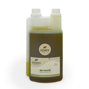 Hempy Bio Hanföl Flasche mit Dosierer – kaltgepresst aus Österreich für Pferde und Hunde