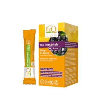 Stickpack und Faltschachtel „livQ Bio-Primärhefe + Aronia“ auf weißem Hintergrund, mit Aronia-Beerenfoto und Icons am unteren Rand.