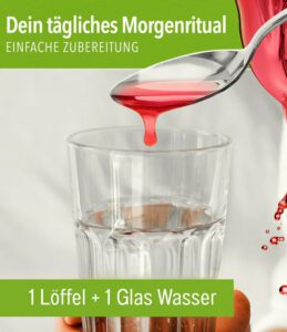 Löffel mit Bio Essenz über einem Wasserglas, daneben Text „Dein tägliches Morgenritual – einfache Zubereitung“ und „1 Löffel + 1 Glas Wasser“.