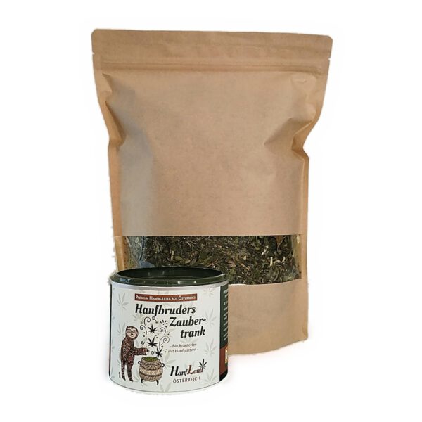 Vorratsset Bio Hanftee Hanfbruders Zaubertrank: Teedose vor dem 200-g-Vorratsbeutel mit Sichtfenster