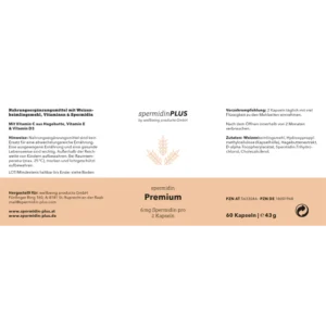 Etikett der Nahrungsergänzung „spermidinPLUS Premium“ mit Zutaten, Verzehrempfehlung und 60 Kapseln auf weiß-beigem Hintergrund.