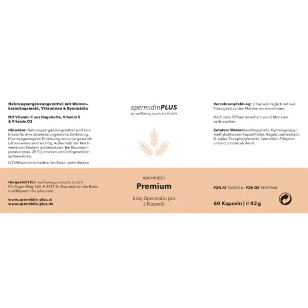 Etikett der Nahrungsergänzung „spermidinPLUS Premium“ mit Zutaten, Verzehrempfehlung und 60 Kapseln auf weiß-beigem Hintergrund.