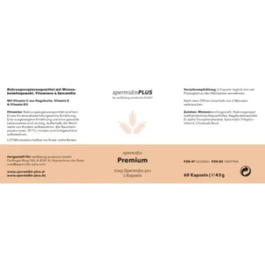 spermidinPLUS Premium mit Weizenkeimlingsmehl, Hagebutte und Vitaminen, 6mg Spermidin pro 2 Kapseln