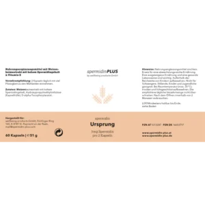 Etikett von spermidinPLUS Ursprung mit Angaben zu Spermidin, Vitamin E, Zutaten, Verzehrempfehlung und 60 Kapseln