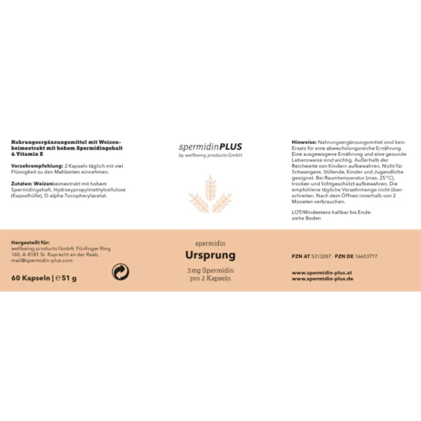 Etikett von spermidinPLUS Ursprung mit Angaben zu Spermidin, Vitamin E, Zutaten, Verzehrempfehlung und 60 Kapseln