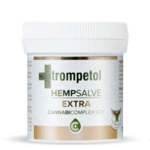 Trompetol Hempsalve Extra Cannabicomplex CC+ in weißer Dose mit goldenem Etikett