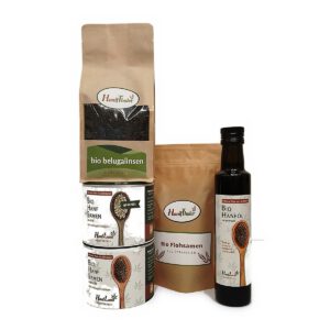 Weinviertler Geschenkpaket: Bio Belugalinsen, Bio Flohsamen, Bio Hanföl und zwei Dosen Hanfsamen