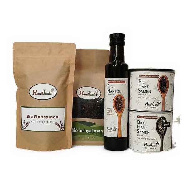 Weinviertler Geschenkpaket: Bio Flohsamen, Belugalinsen, Hanföl und Hanfsamen aus Österreich
