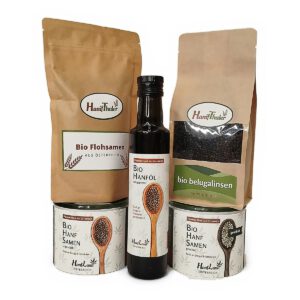Weinviertler Geschenkpaket mit Bio Flohsamen, Bio Belugalinsen, Bio Hanföl und Bio Hanfsamen geschält und ungeschält
