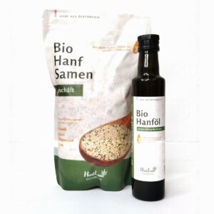 Weinviertler Hanfpaket, das nussige Duo: Bio Hanfsamen geschält und Bio Hanföl aus geschälten Hanfsamen